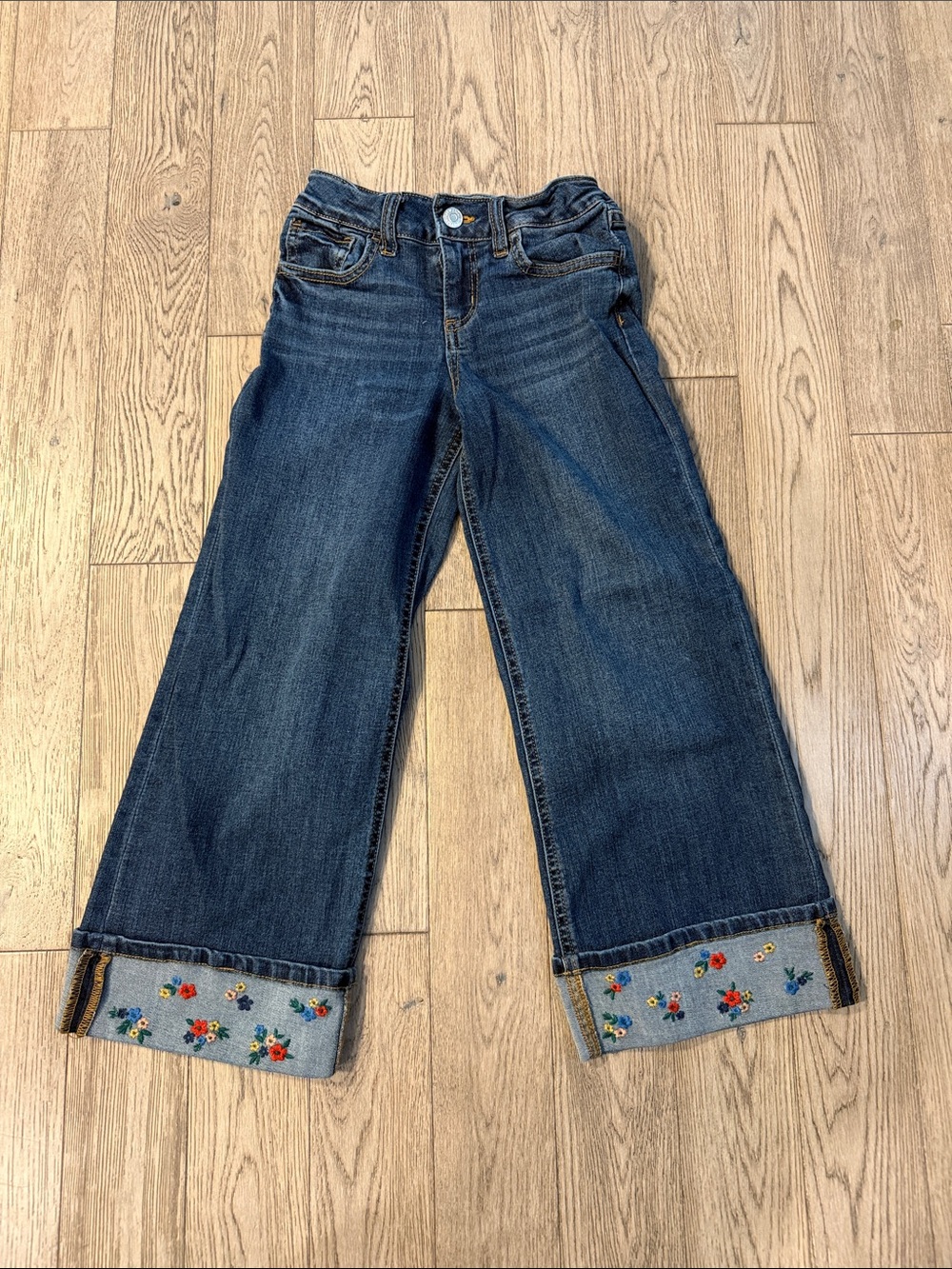 Kids Dark Blue Embroidered Cuff Jeans